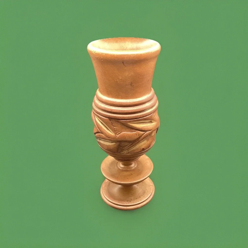 Vintage Turned &‎ Hand-Carved Wooden Vase - Crafted in Haiti - Signed